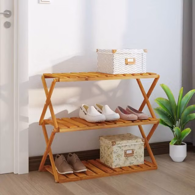 Berkfield Home 3-Tier Folding Acacia Wood Shoe Rack in Brown, W/D/H: 70 x 31 x 63 cm – 1