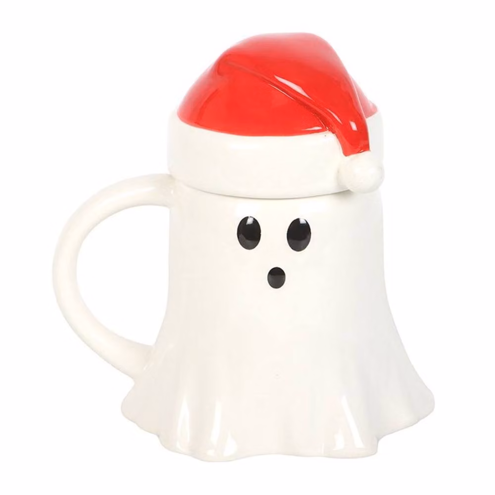 Uniqueful Ghost Shaped Ceramic Mug with Santa Hat Lid in White, 500 ml – 3