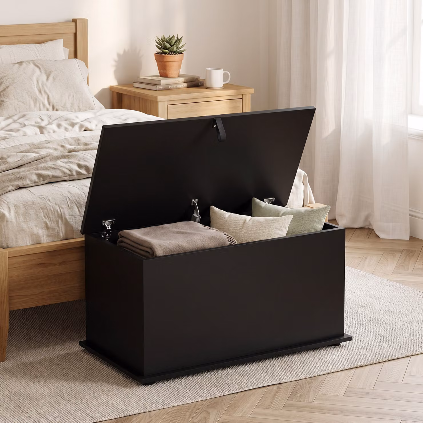 HOMCOM Black Storage Chest and Shoe Bench with Safety Hinged Lid, W: 80 cm, D: 40 cm, H: 45 cm – 2