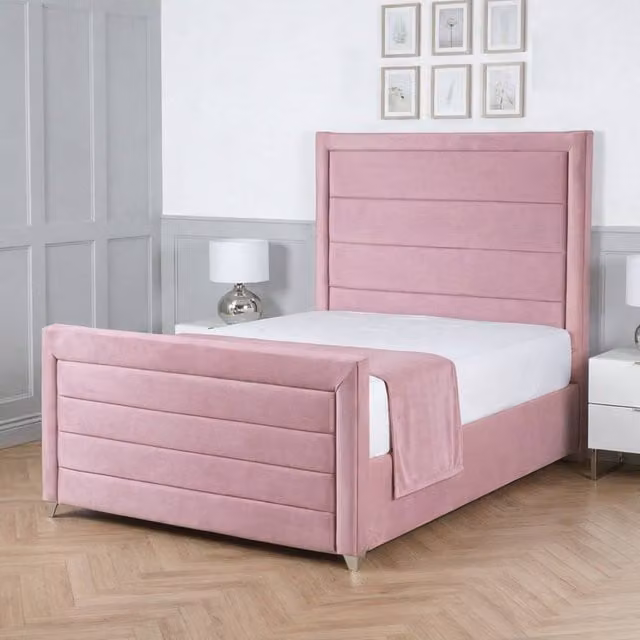 Living Comfort Bedz Selena Plush Velvet Upholstered Bed with Slatted Base and 48 Inch Headboard, Pink, W/D/H: 140 x 200 cm