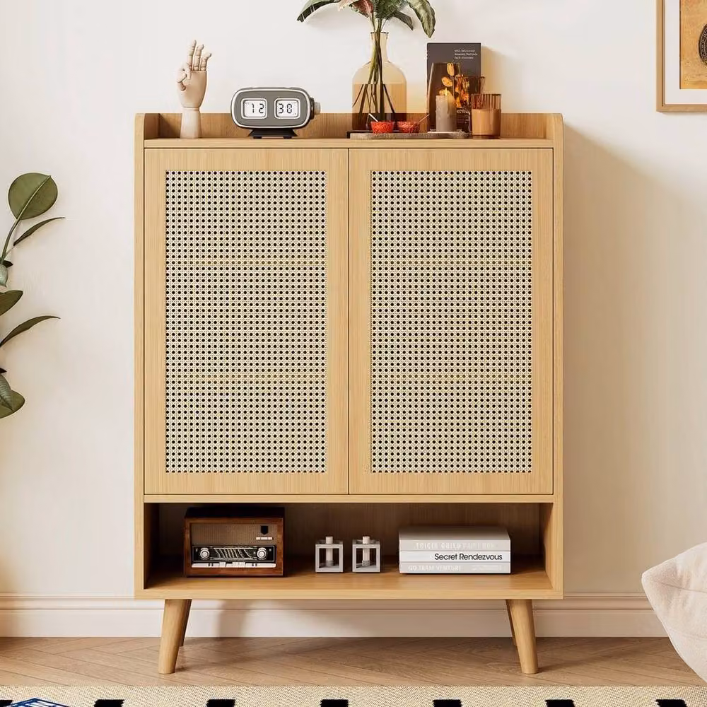 KORVIXA Rattan Shoe Cupboard in Beige Light Oak, 5 Tier Boho Storage Cabinet, W/D/H: 100 x 100 x 100 cm – 2