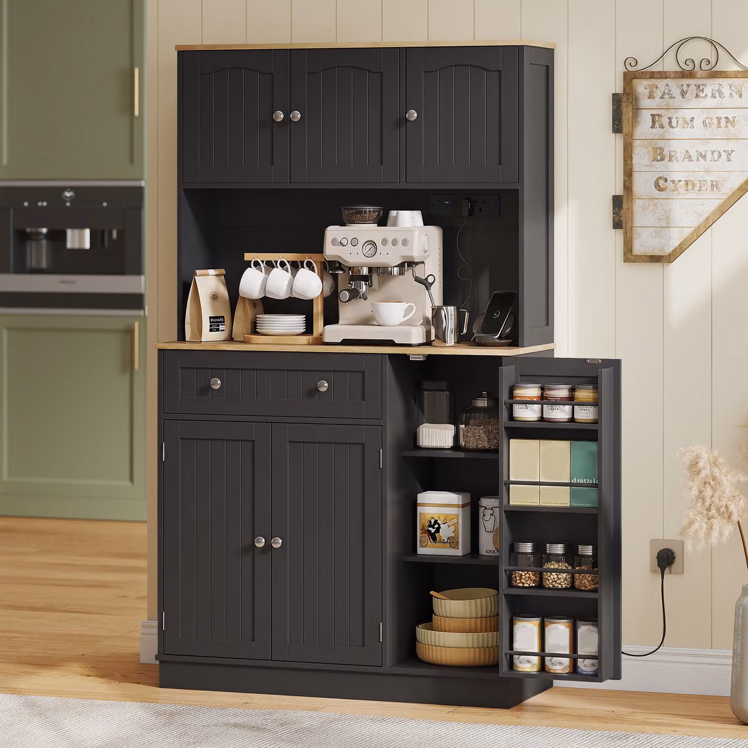 HOMCOM Black Tall Kitchen Cupboard with Charging Station and Adjustable Shelves, Height: 173 cm, Width: 100 cm, Depth: 47.5 cm – 2