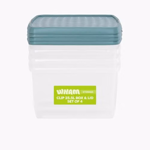 Wham 4 x 25.5L Square Stackable Plastic Storage Boxes with Lids, Transparent and Green