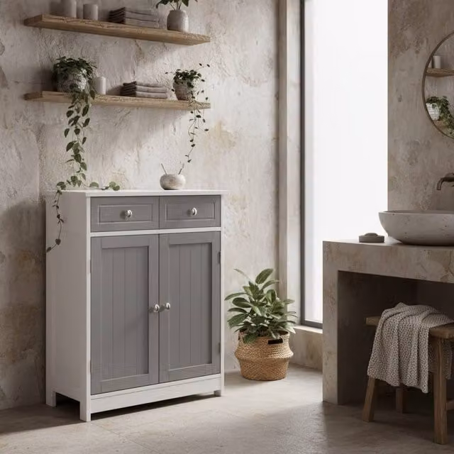 Wyld Haus Lufili Freestanding Bathroom Storage Unit with 2 Drawers and Cupboard in Grey and White – 1