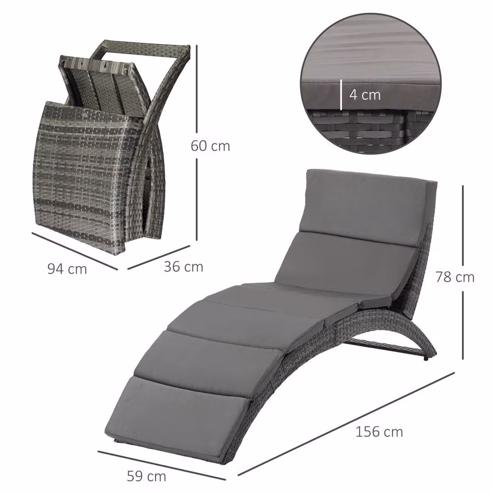 Outsunny Grey Polyrattan Garden Sun Lounger with Weatherproof Cushion – 3