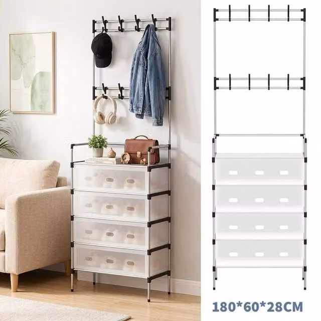 EONLION 5 Tier White Metal Shoe Rack and Clothes Rail for Hallway Storage, Width: 100 cm