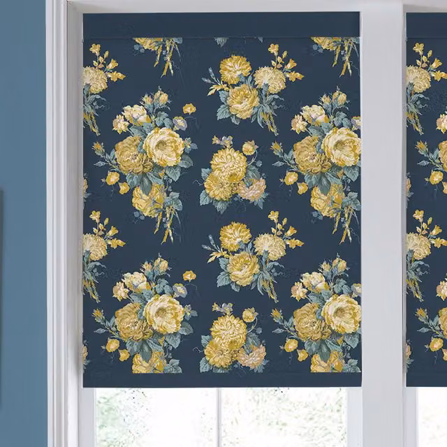 Laura Ashley Cecilia Translucent Made to Measure Roller Blind in Buttercup Yellow with Blue Floral Pattern