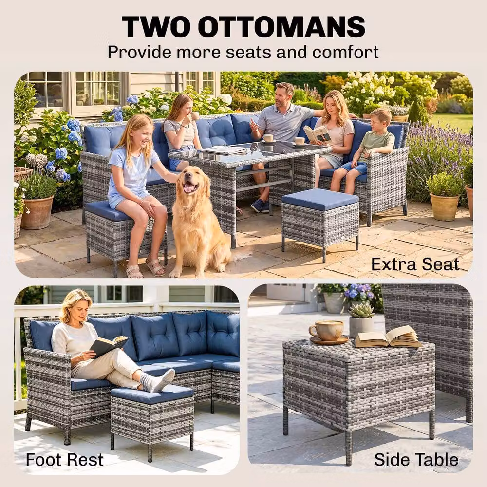 ERGOVEXA 7-Seater L-Shape Rattan Patio Sofa Set with Ottoman and Coffee Table in Dark Blue and Grey – 7