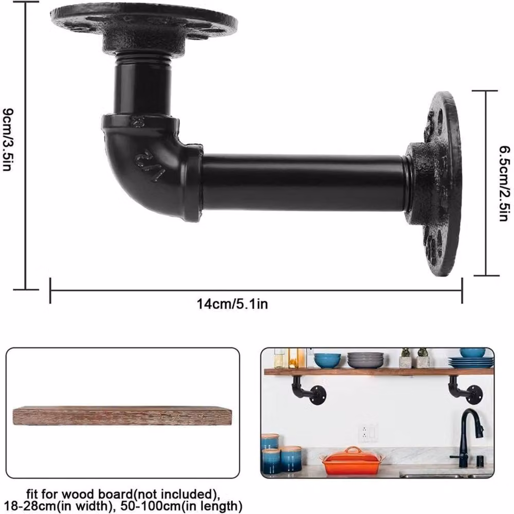 VOGREX 8-Piece Rustic Industrial Floating Shelf Pipe Storage Kit in Matt Black Metal – 2