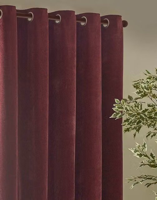 YARD Burgundy Chenille Velvet Eyelet Curtains, H 168 cm x W 137 cm