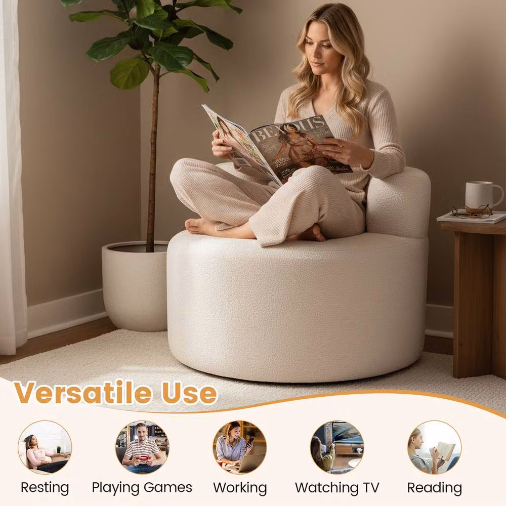Costway White Bouclé Bean Bag Chair, Round Boneless Floor Sofa with Removable Cover – 3