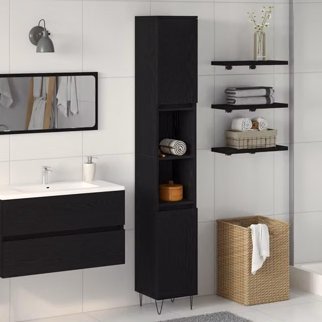 Berkfield Home Modern Black Oak Bathroom Cabinet with Hinged Doors and Open Shelf, W/D/H: 30 x 30 x 190 cm