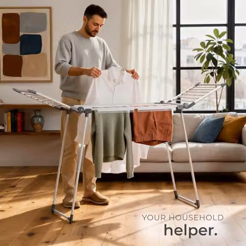 tectake Winged Clothes Airer in White with 25 Drying Rails and 2 Clip Holders, Foldable Steel Clothes Drying Rack, H 176 x W 60 x D 60 cm – 5