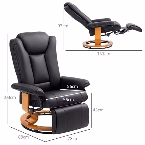 HOMCOM Black Synthetic Leather Manual Recliner Chair with 360 Degree Swivel and Footrest – 3