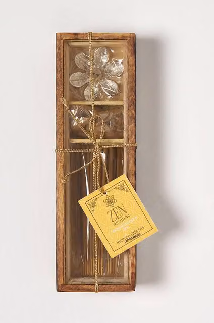 Homescapes Luxury Zen Incense Gift Set with Wood and Metal Holder, Sticks and Cones in Yellow – 1