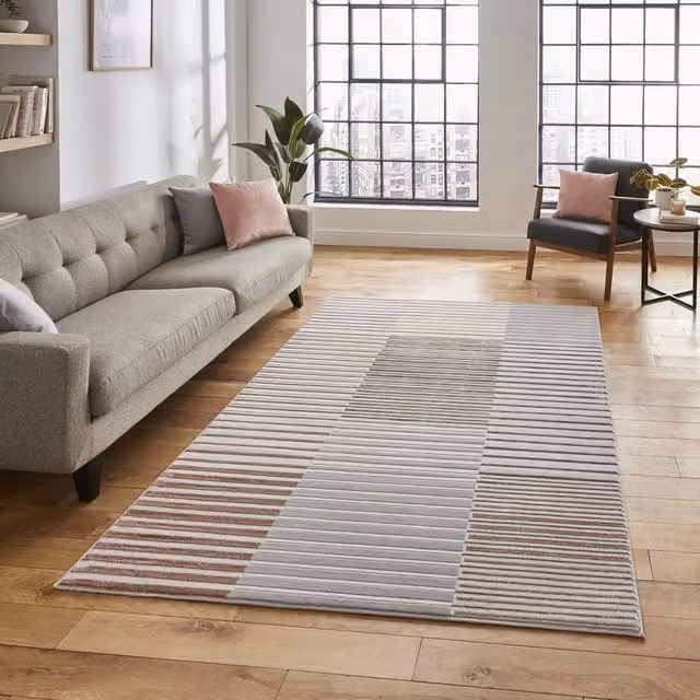 Terrys Modern Striped Rectangular Machine Woven Rug in Grey and Pink