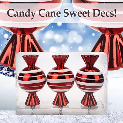 VFM e-Store Red and White Striped Glass Baubles, 3 Pack, Diameter: 14 cm – 4