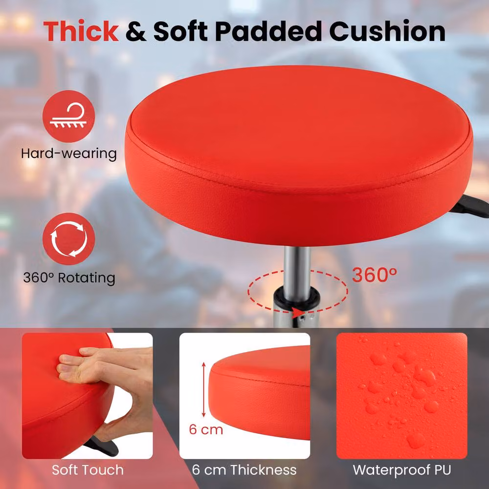 Costway Height Adjustable Mechanic Stool with Wheels and Storage, Red – 6