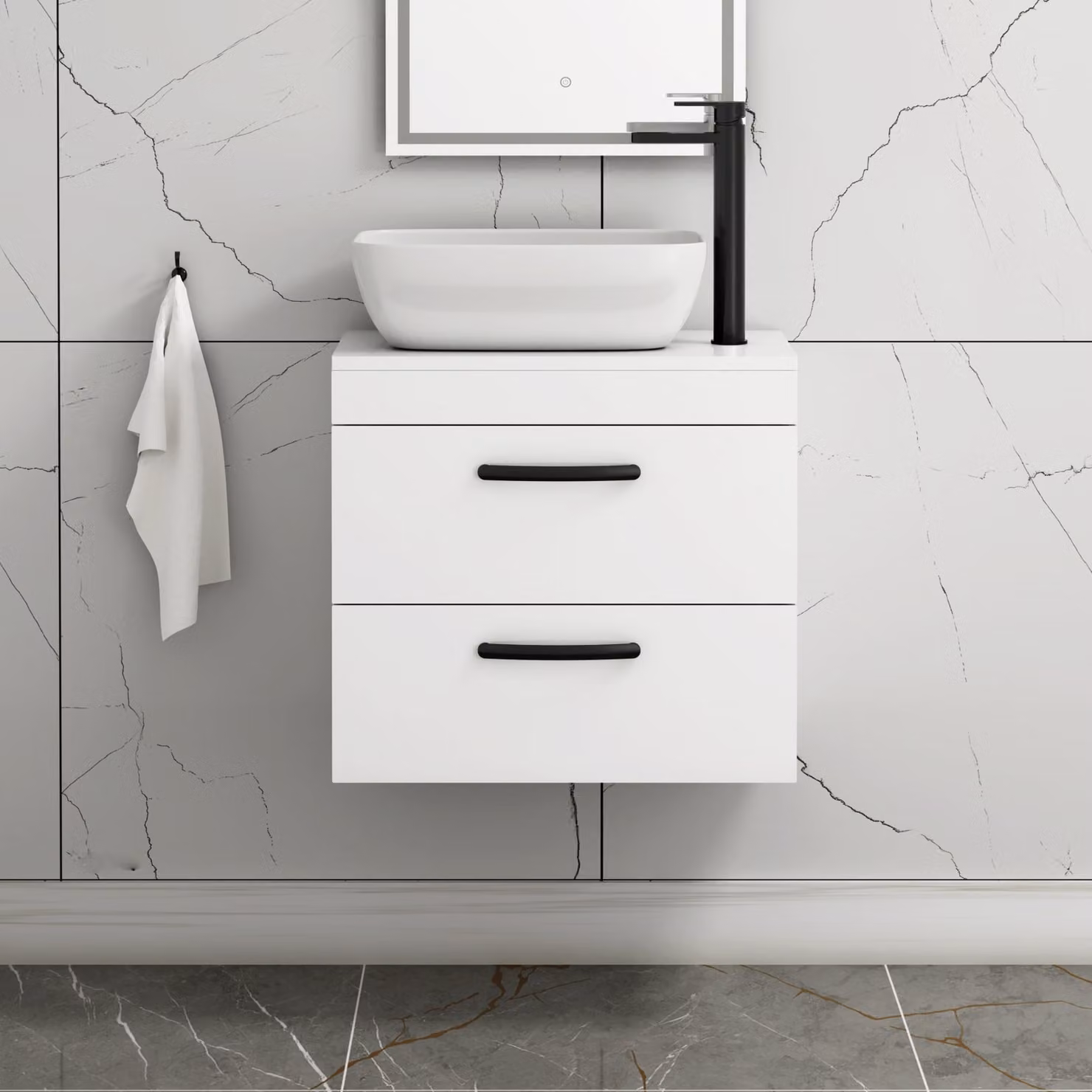 Royal Bathrooms Gloss White Wall Hung 2 Drawer Vanity Unit with Elva Countertop Basin and Matt Black Handle, Width: 60 cm