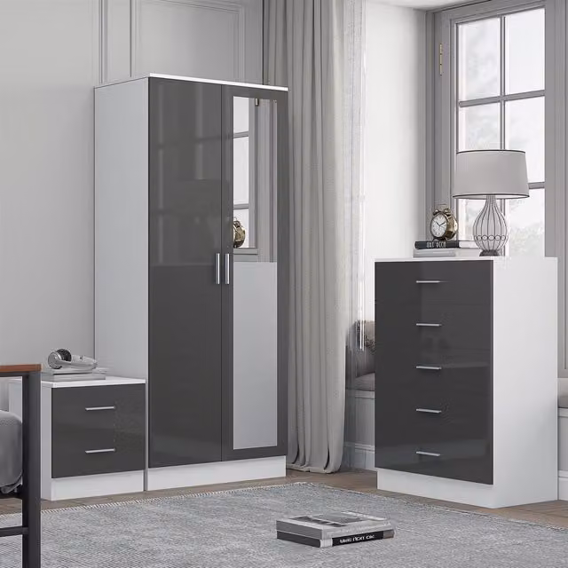 Reflect Modern Bedroom Furniture Set in Grey Gloss and Matt White Finish featuring 2 Door Mirror Wardrobe, 5 Drawer Tallboy Chest and 2 Drawer Bedside Table