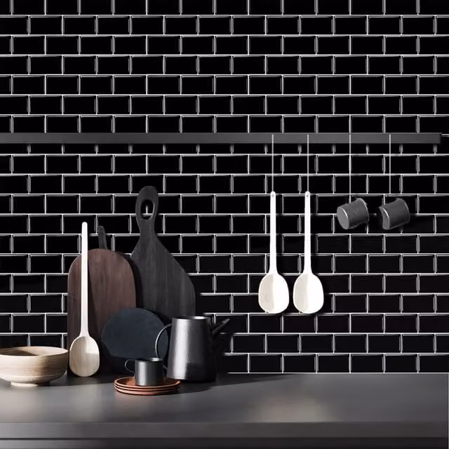 Livingandhome 10-Piece Black Self-Adhesive Glossy Tile-Look Backsplash Wall Tiles for Kitchens
