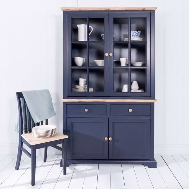 Statement Furniture Florence Glass Door Display Cabinet and Dresser in Navy Blue with Acacia Wood Top, W: 120 cm, D: 42 cm, H: 200 cm – 1