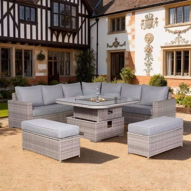 Furnishings For Less UK Rattan Corner Patio Sofa Set with Grey Fire Pit Rising Table