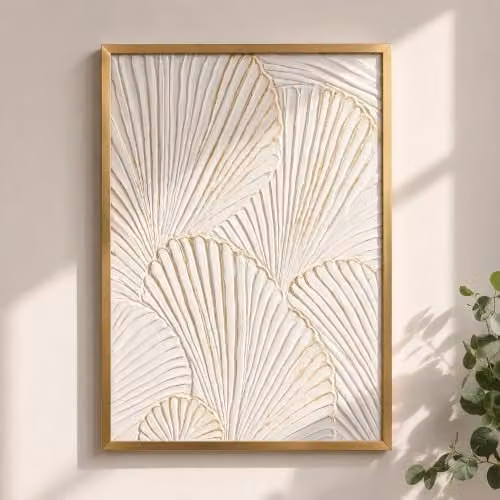 Melody Maison Vintage Gold and White Floral Ginkgo Textured Botanical Wall Art, W: 55 cm, H: 80 cm