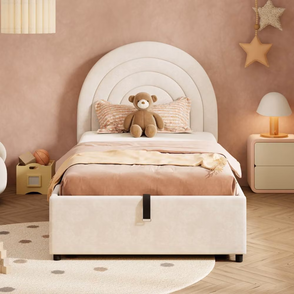 ModernLuxe Single Kids Upholstered Bed with Hydraulic Storage and Headboard in Beige Velvet – 3