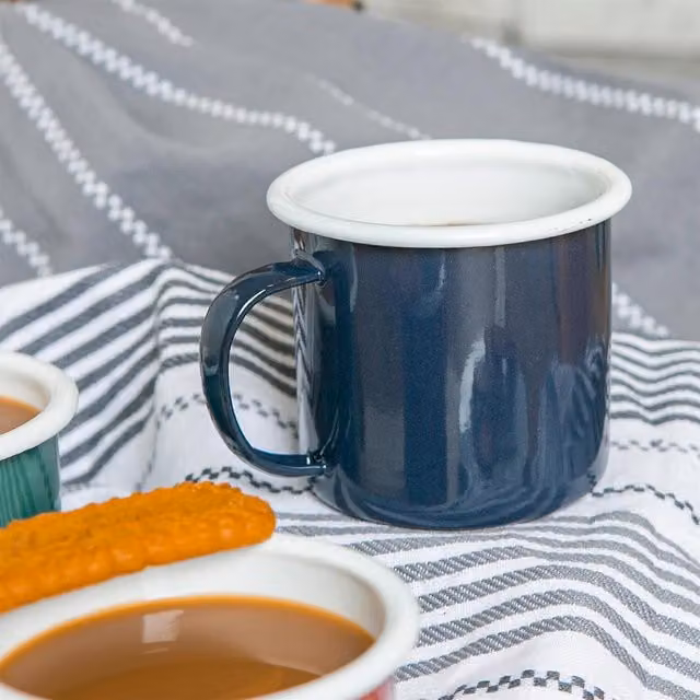 Argon Tableware Pack of 12 Solid Coloured Enamel Mugs in Green, White and Blue, 375ml