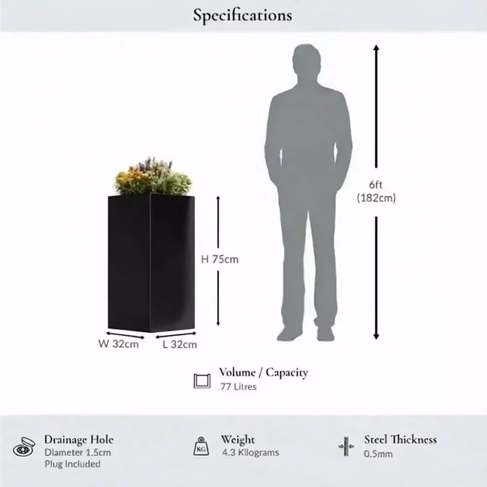 Woven Wood Tall Square Planter in Black with Galvanised Steel and Wood, Height: 75 cm, Width: 32 cm, Depth: 32 cm – 3