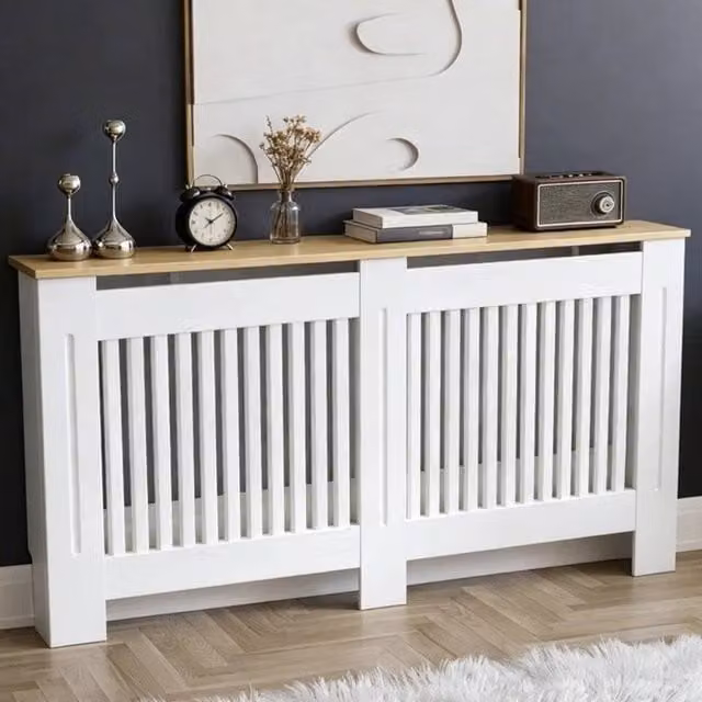 Hinsinc Vertical L-Shaped Wooden Radiator Cover Cabinet in White, W/D/H: 152 x 20 x 83 cm – 1
