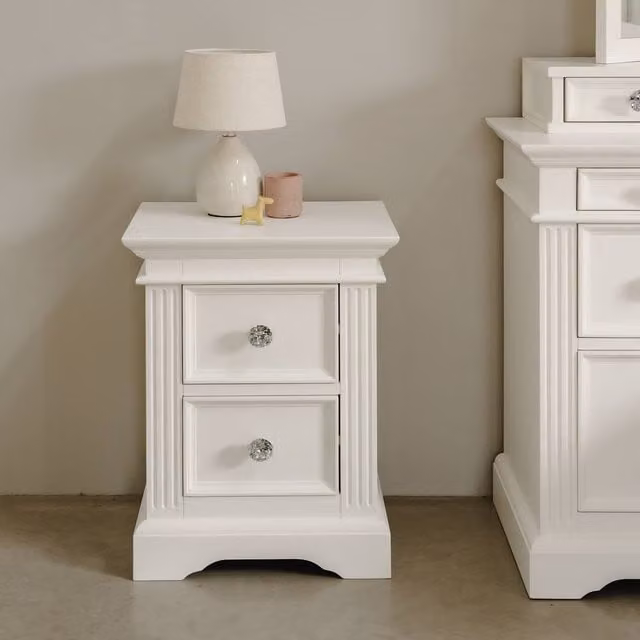 Statement Furniture Gainsborough White 2 Drawer Bedside Table with Crystal Handles W/D/H: 45 x 35 x 61 cm
