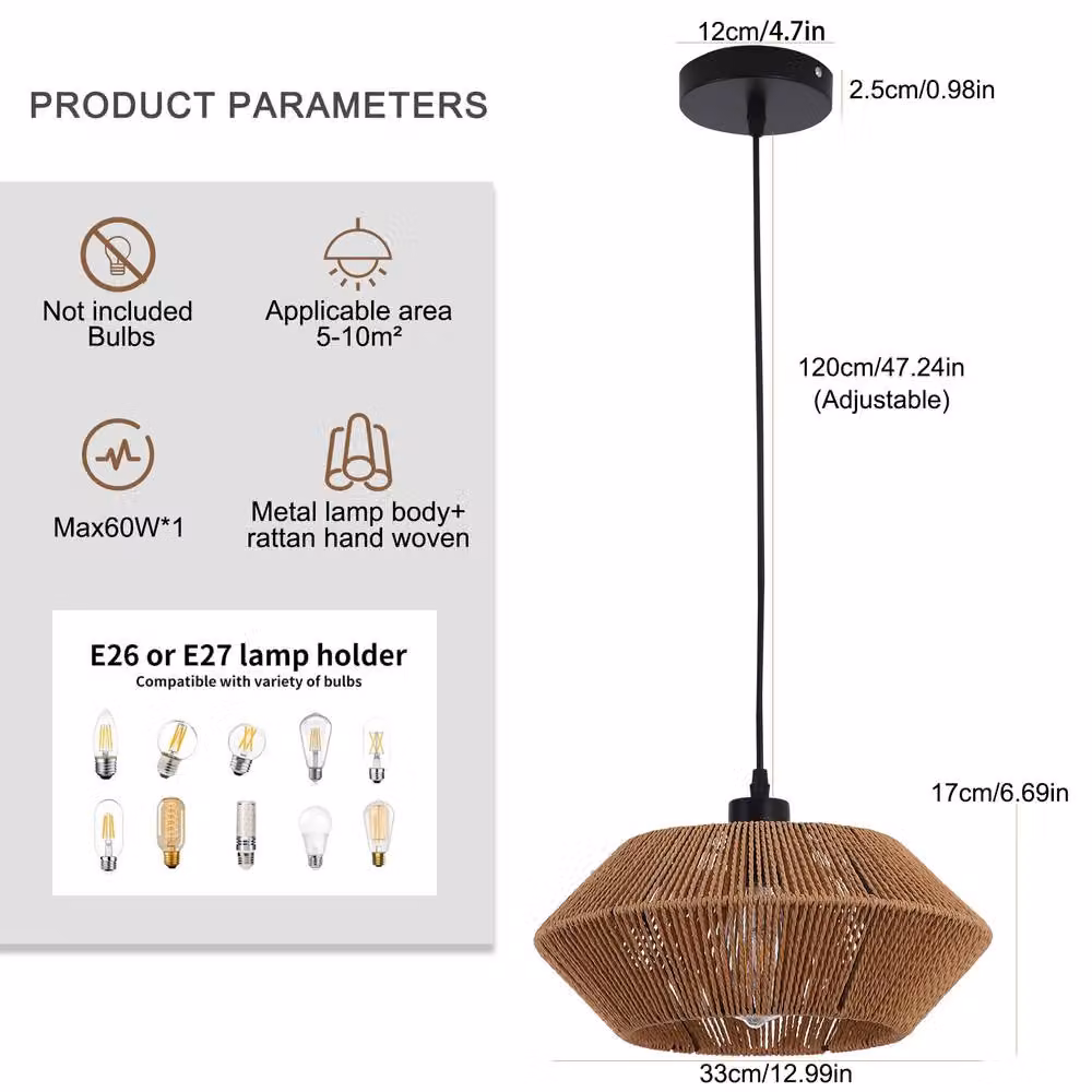 NIVOR 1 Boho Woven Rattan Pendant Light, Brown, Adjustable Height, E27 Chandelier – 2