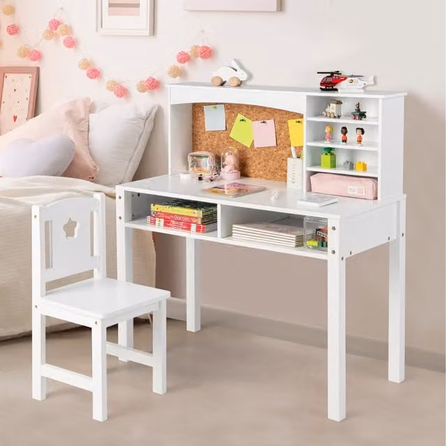 Costway Modern White Kids Desk, Chair and Shelf Set
