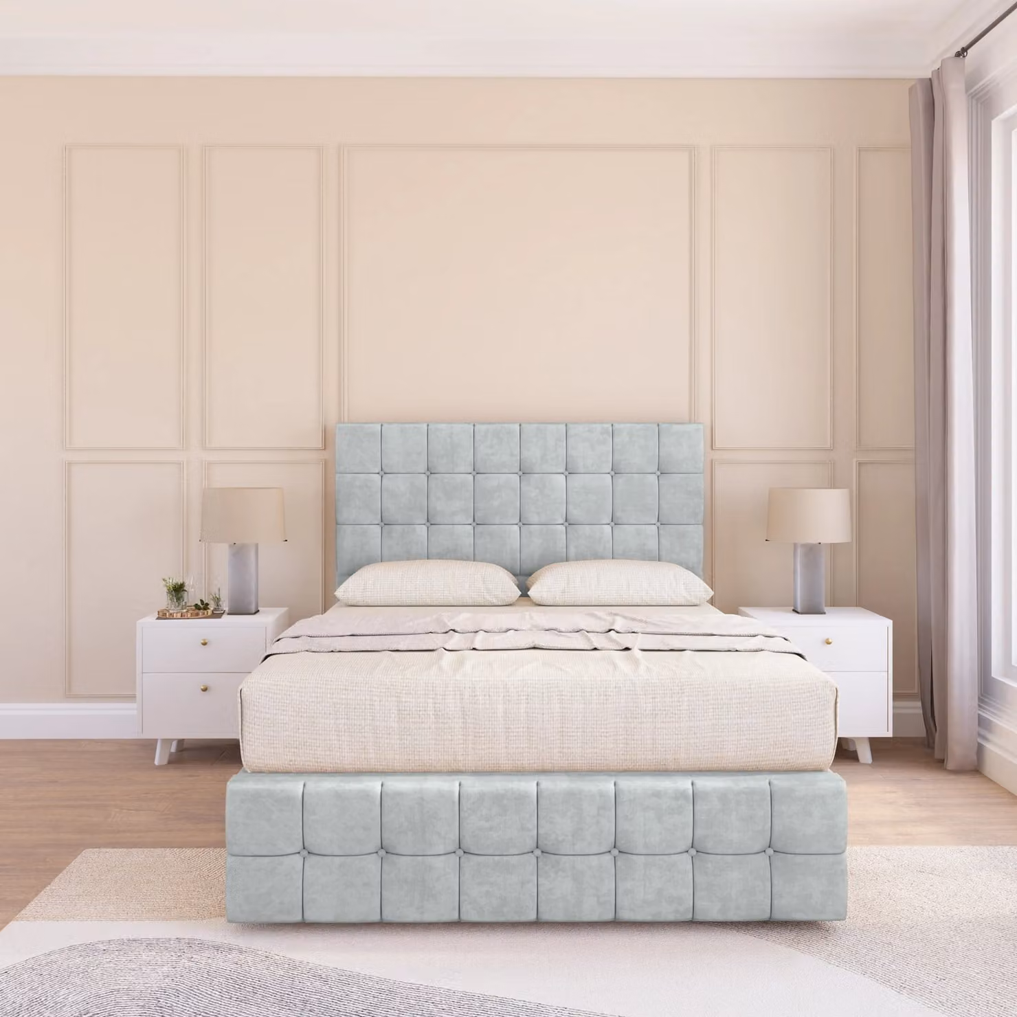 Sloomy Berlin Chesterfield Divan Bed Base in Silver Velvet with 26 inch Struts Headboard and 12 inch Footboard, W/D/H: 90 x 200 cm, Single