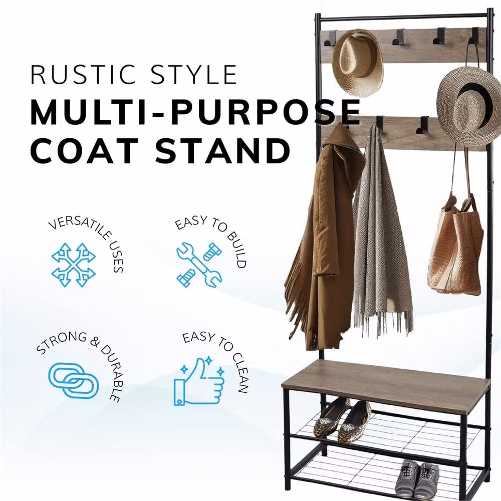 PAWNORA Hall Tree with Bench and Shoe Storage, Rustic Brown Metal Coat Rack Stand – 2