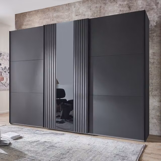 TJS Atlanta Modern Sliding Wardrobe in Grey Matt, Width: 300 cm