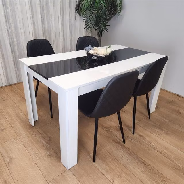 KOSY KOALA Modern Dining Table Set with 4 Black Gem Pattern Chairs in White – 1