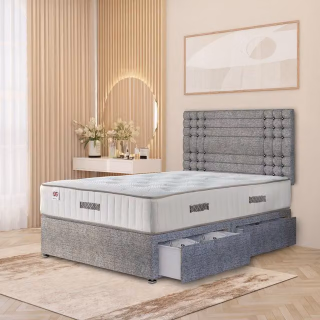 Somnior Beds Ltd Saville Grey Tweed Fabric Divan Bed Set with 32 inch Headboard and Orthopaedic Mattress, W/D/H: 90 x 190 cm