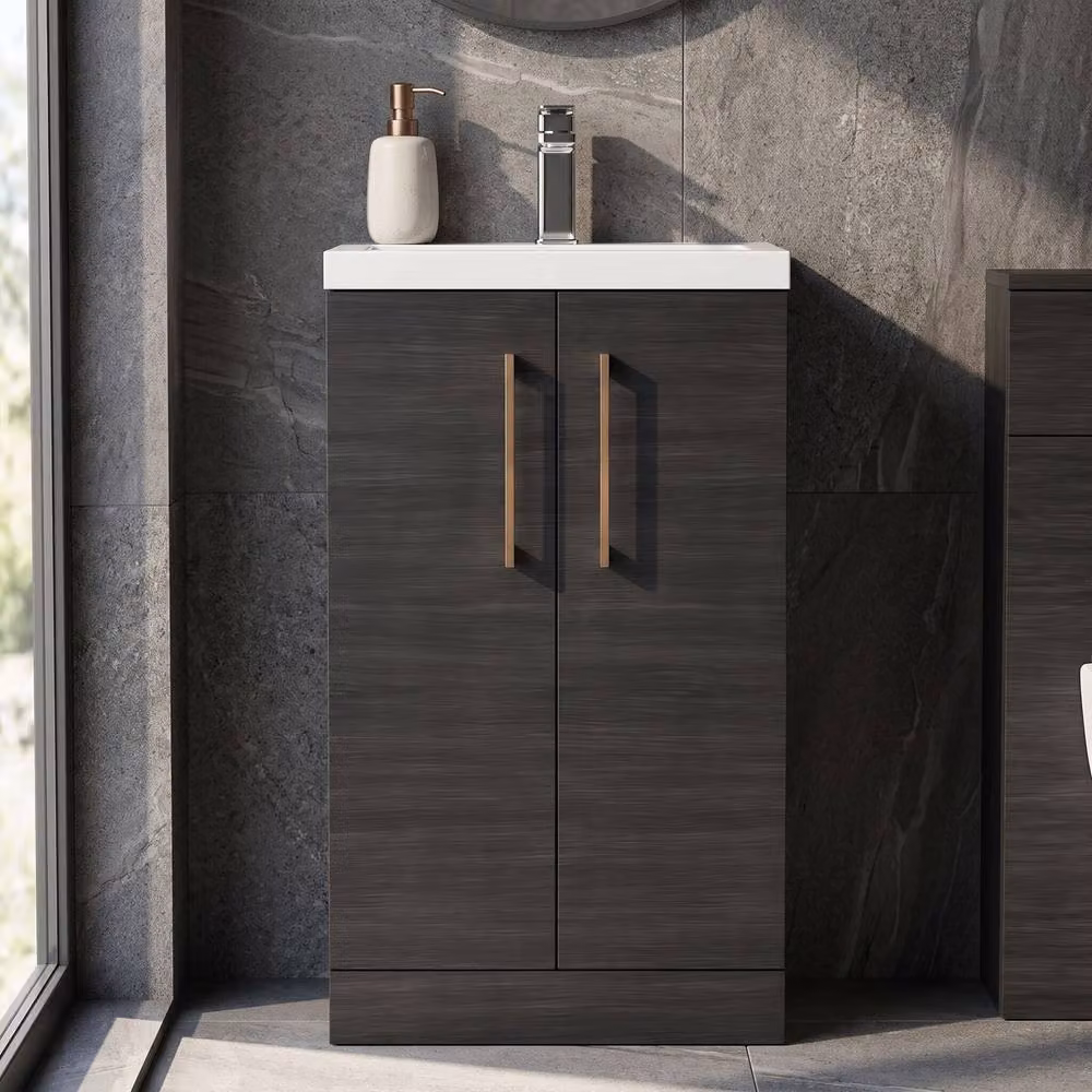 Balterley Modern Black Wood Freestanding Bathroom Vanity Unit with Brushed Bronze Handles and Soft Close Doors, Width: 50 cm – 5