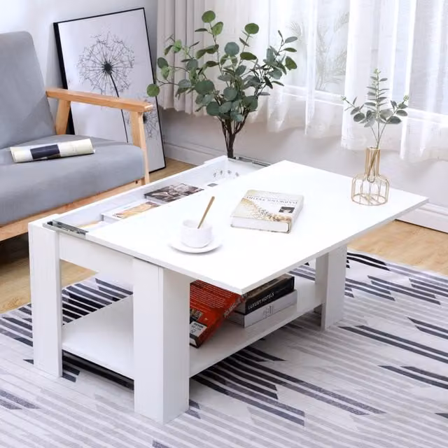HMD White Modern Sliding Coffee Table with Bottom Shelf, W/D/H: 100 x 50 x 45 cm