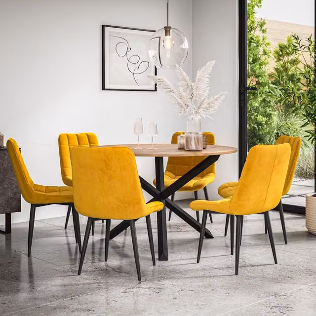 More4Homes Malvern Round Dining Table and 6 Nova Velvet Dining Chairs Set, Oak Table Top with Black Legs and Mustard Yellow Chairs, Diameter: 120 cm, Height: 75 cm
