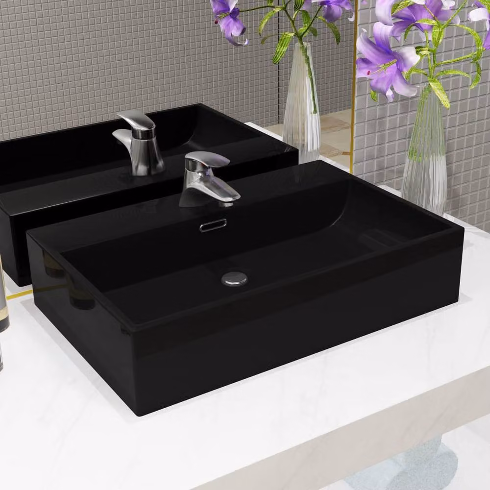 Berkfield Home Elegant Rectangular Ceramic Countertop Basin in Black, W: 76 cm, D: 42.5 cm, H: 14.5 cm – 2