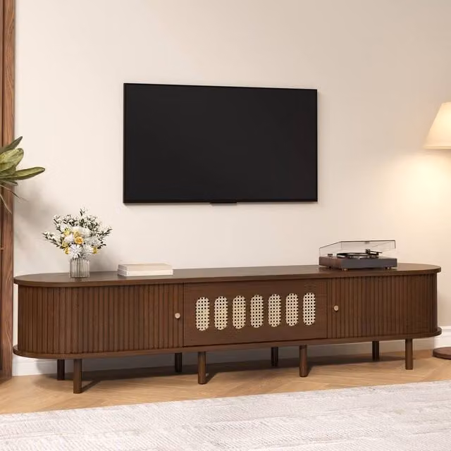 Matteo Dark Walnut Rattan TV Stand - Retro Oval MDF Cabinet with Roll-Up Doors in Brown – 1