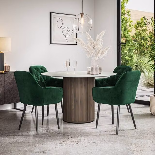 More4Homes Arlo White Marble Top Round Dining Table with Walnut Legs and 4 Anika Green Velvet Dining Chairs, W/D/H: 120 x 120 x 75 cm