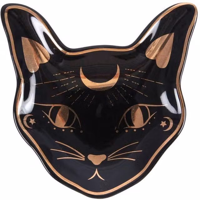 Uniqueful Mystic Mog Cat Face Ceramic Trinket Dish in Black and Gold, Diameter: 15 cm