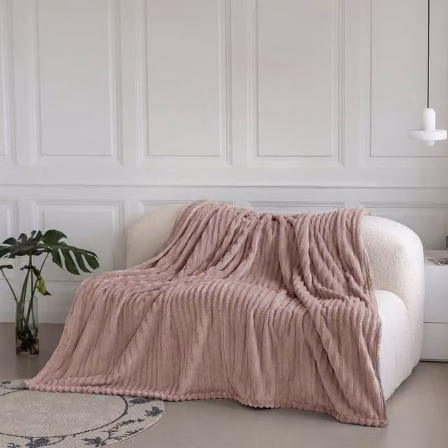 Velosso Pink Velvet Striped Throw Blanket, W: 200 cm, D: 240 cm