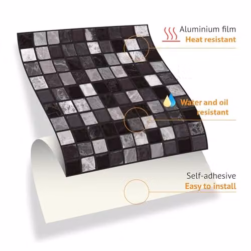 WALPLUS Marquina Metallic Black and White Marble Tile Stickers, 24 Pack, W/D/H: 15 x 15 x 0.54 cm – 5