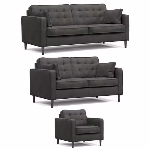 Furnishings For Less UK Eden Toledo 3 Piece Fabric Sofa Suite in Graphite Grey, including 3 Seater Sofa, 2 Seater Sofa and Armchair